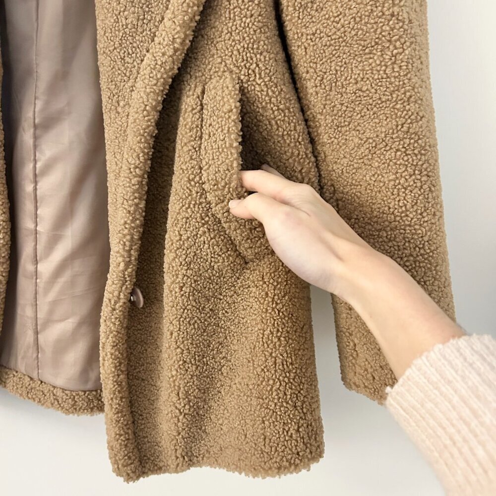 French Connection Teddy Sherpa Peacoat Oversized Jacket in Light Brown Size XS - Picture 4 of 8